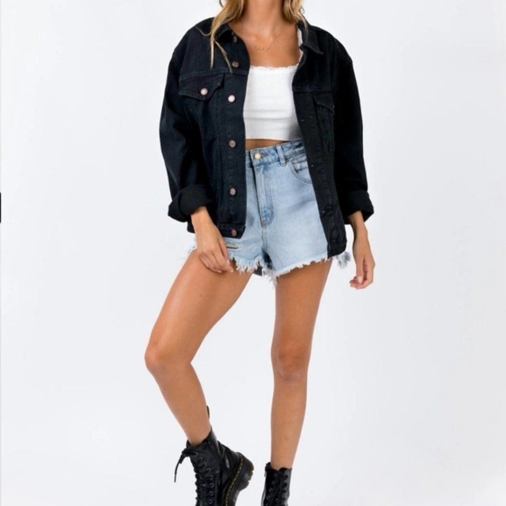 Princess Polly Faded Black Phoenix Button Front Oversized Denim Jacket S/M